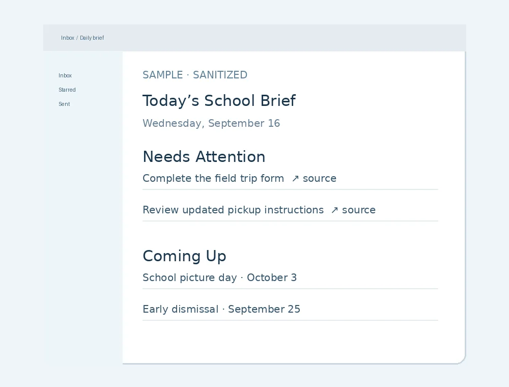 Sanitized illustration of a daily brief using generic example items.